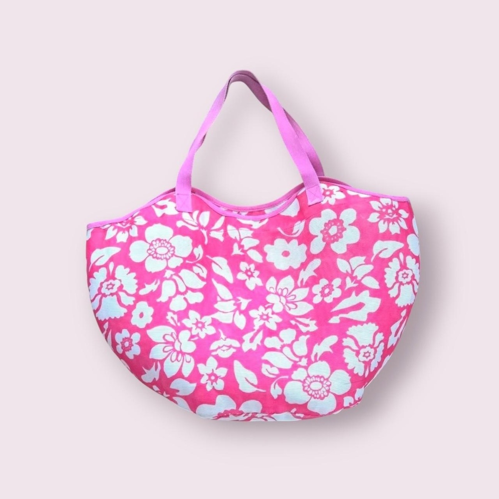 Tropical gyaru style bag, hot pink hibiscus print beachy tote
